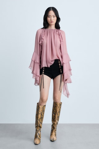 Blouse gaze volants - Rose