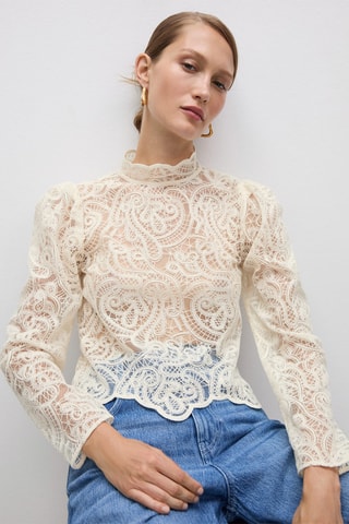 Blouse dentelle coton col montant - Crème