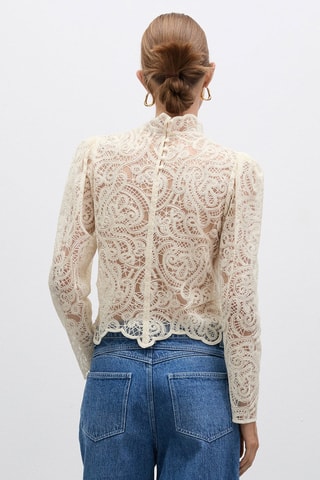 Blouse dentelle coton col montant - Crème