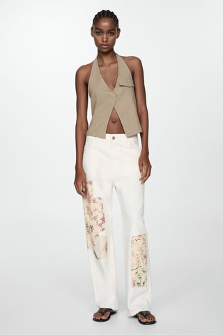 Jean droit empiècements fleuris - Blanc et beige