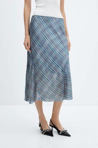 Jupe midi satinée carreaux - Bleu et gris