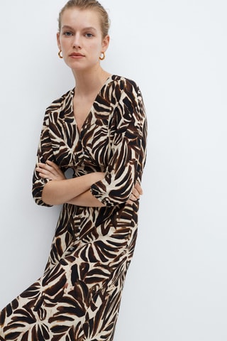 Robe imprimée col V - Écru et marron