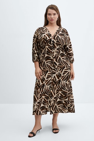 Robe imprimée col V - Écru et marron