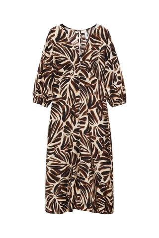 Robe imprimée col V - Écru et marron