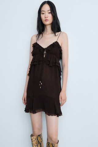 Robe gaze bretelles volants - Marron foncé
