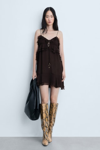 Robe gaze bretelles volants - Marron foncé