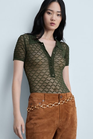 Body maille ajourée col polo - Vert