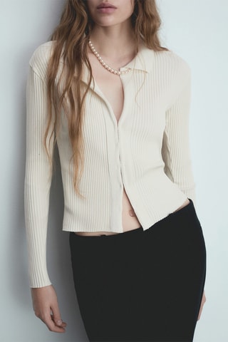 Cardigan maille côtelée fermeture agrafes - Crème