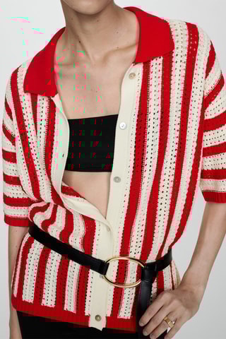 Cardigan ajouré rayures - Rouge