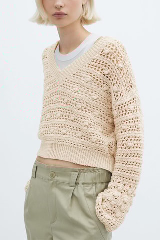 Pull-over maille ajourée col V - Beige