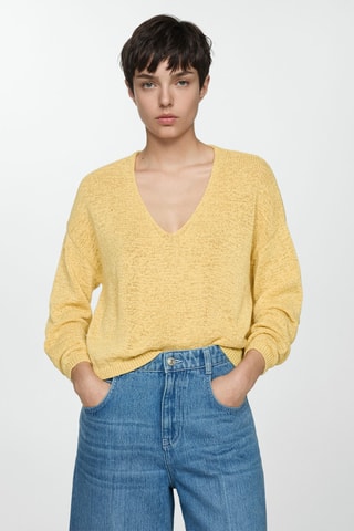 Pull-over maille fine col V - Jaune