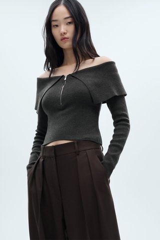 Pull-over épaules dénudées fermeture éclair - Gris