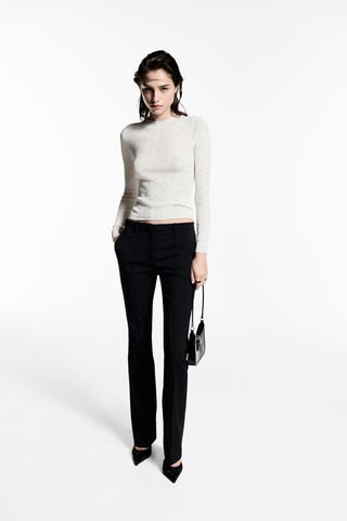 Pull-over maille côtelée détail strass - Crème