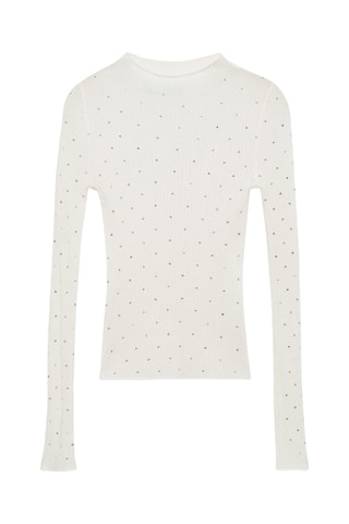 Pull-over maille côtelée détail strass - Crème