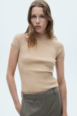 T-shirt maille côtelée col montant - Beige