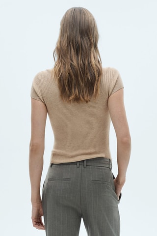 T-shirt maille côtelée col montant - Beige
