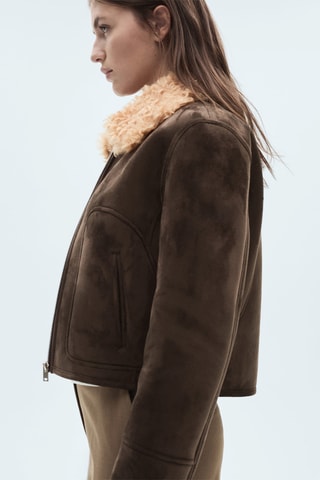Veste effet daim col imitation mouton retourné - Marron