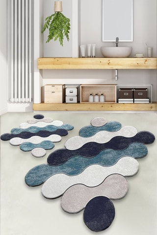 2 tapis de bain Circle - Bleu et beige - 60 x 100 / 50 x 60 cm