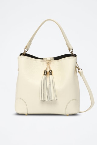Mala bucket em couro Ema - Branco e dourado