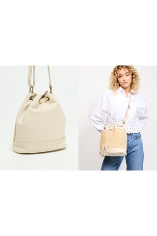 Mala bucket em couro e palha Cerise Rafia - Branco