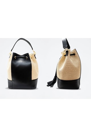 Mala bucket de couro e ráfia Livy - Bege e preto