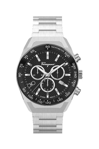 Montre à quartz en acier - Chronographe et tachymètre - Argenté et noir