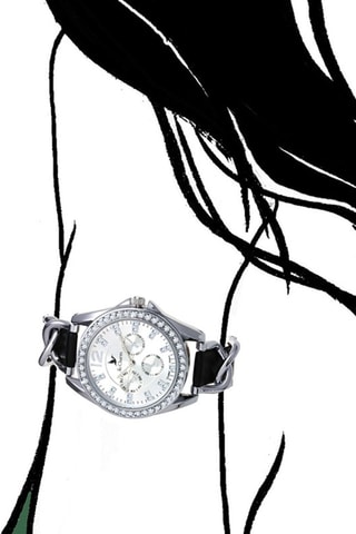 Relógio de quartzo em couro e cristais Swarovski - Preto e prateado