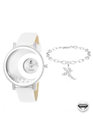 Coffret de relógio de quartzo em couro Lune e bracelete - Branco
