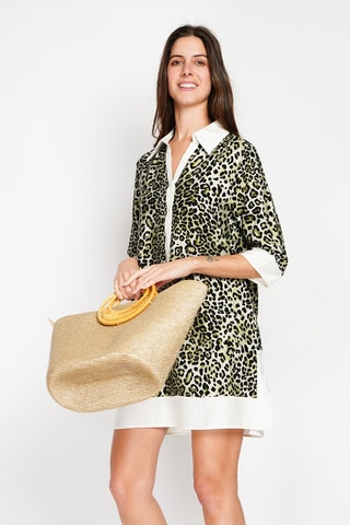 Robe droite en lin - Kaki et blanc