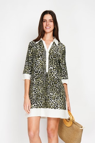 Robe droite en lin - Kaki et blanc
