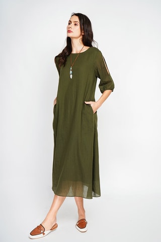 Robe midi en lin - Kaki