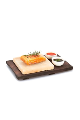 Chapa de sal quadrada, base em madeira e tigelas de porcelana - 38 x 26,5 cm - Natural e branco 