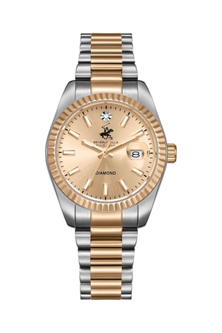 Montre à quartz en acier, céramique et diamant - Argenté et doré rose