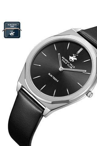 Montre à quartz en cuir - Noir et argenté