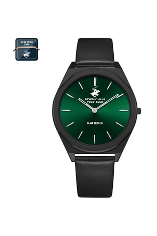 Montre à quartz en cuir - Noir et vert foncé