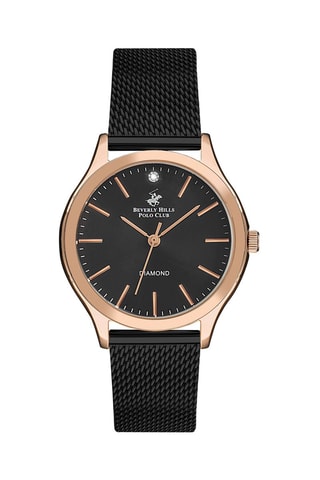 Montre à quartz en acier et diamant - Noir et doré rose