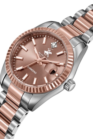 Montre à quartz en acier, céramique et diamant - Argenté et doré rose