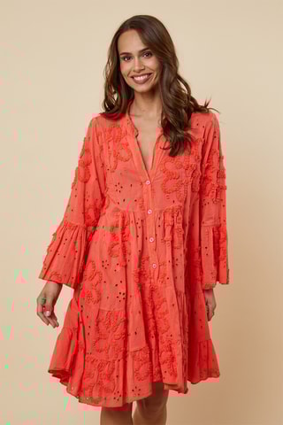Trapezium Jurk met Engelse Borduursels - Oranje