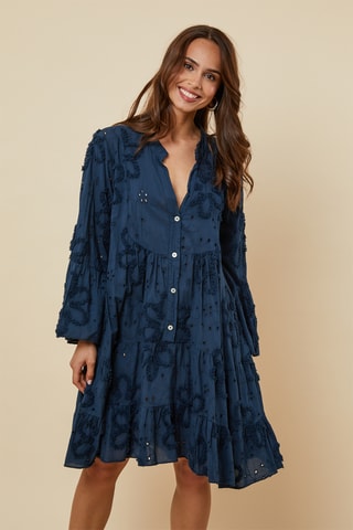 Trapezium Jurk met Engelse Borduursels - Marineblauw