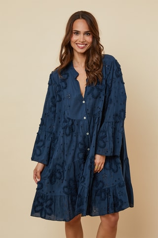 Trapezium Jurk met Engelse Borduursels - Marineblauw