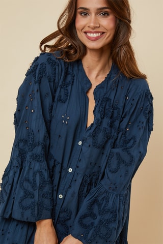 Trapezium Jurk met Engelse Borduursels - Marineblauw