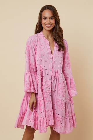 Trapezium Jurk met Engelse Borduursels - Roze