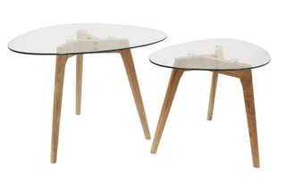 2 tables gigognes en verre et bois - 50 x 38 x 40 cm et 60 x 45 x 43 cm