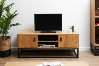 Meuble TV 2 portes - Naturel et noir