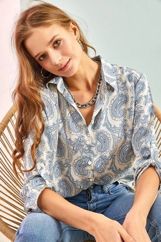 Blouse - Wit en Turquoise