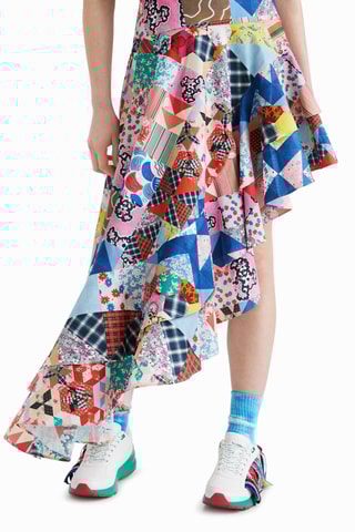 Asymmetrische Rok Hoge Taille - Roze en Petrolblauw