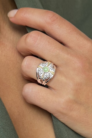 Ring - Zilver, Zilver Doublé Geelgoud en Groene Kwarts