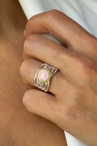 Ring - Zilver, Zilver Doublé Geelgoud en Rozenkwarts
