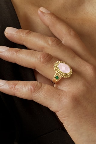 Ring - Zilver Doublé Geelgoud, Rozenkwarts en Smaragden