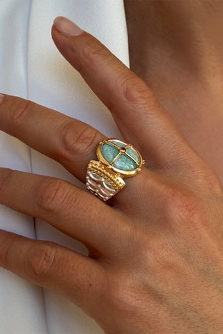 Ring - Zilver Doublé Geelgoud, Saffier en Amazoniet
